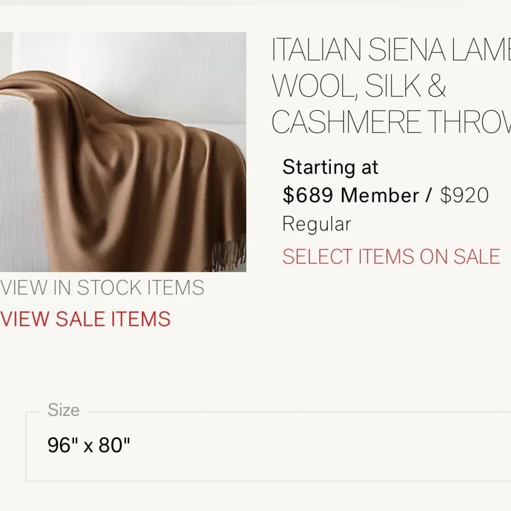 RH SIENA Luxurious 70%Lambswool & 20%Cashmere Throw-in BURNT-CARAMEL,96“x 71“NEW